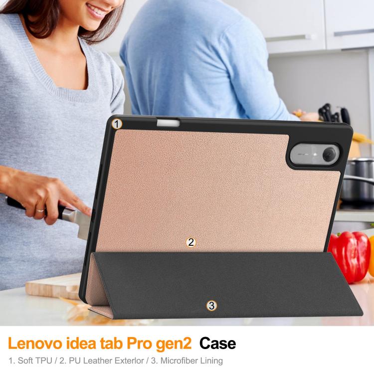 For Lenovo Idea Tab Pro Gen2 13.0 Custer TPU Pure Color 3-Fold Holder Smart Leather Tablet Case with Pen Tray
