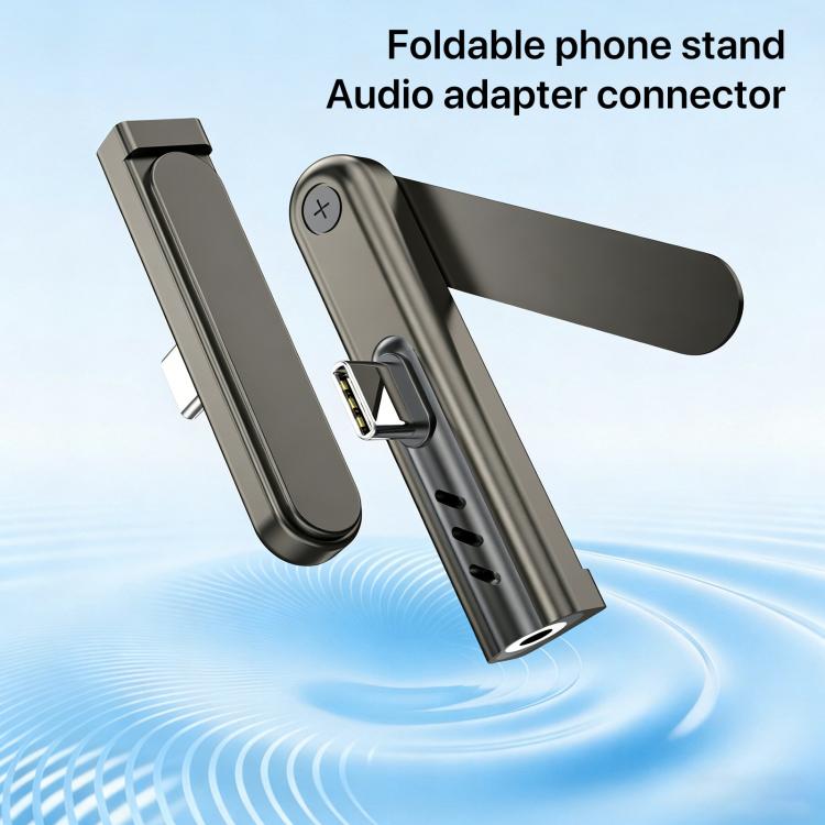 2 in 1 Foldable Holder Type-C to 3.5mm Audio Adapter - Black