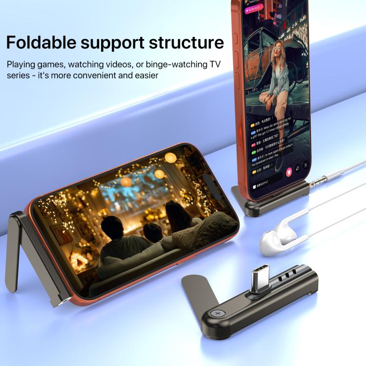 2 in 1 Foldable Holder Type-C to 3.5mm Audio Adapter - Black