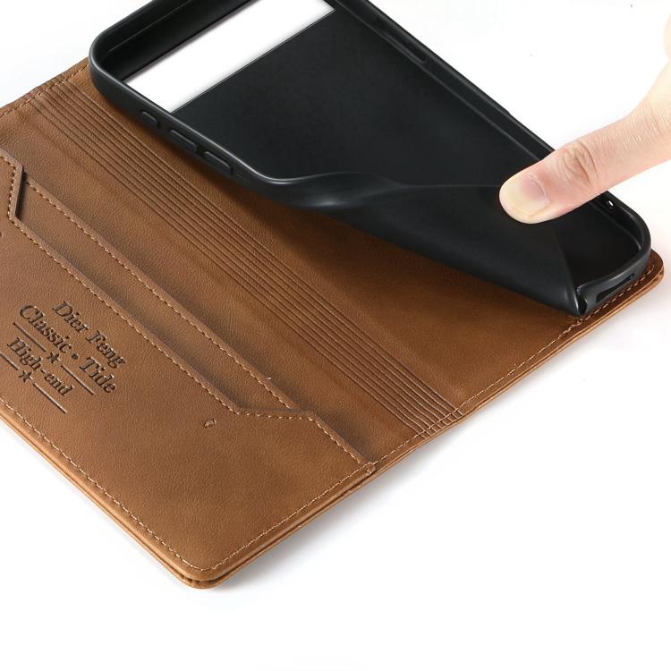 For Google Pixel 6a Dierfeng Metal Snap Magnetic RFID Vegan Leather Phone Case