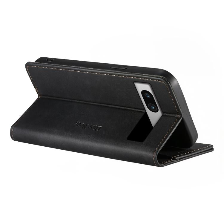 For Google Pixel 7a Dierfeng Metal Snap Magnetic RFID Vegan Leather Phone Case