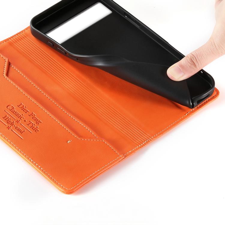 For Google Pixel 7a Dierfeng Metal Snap Magnetic RFID Vegan Leather Phone Case