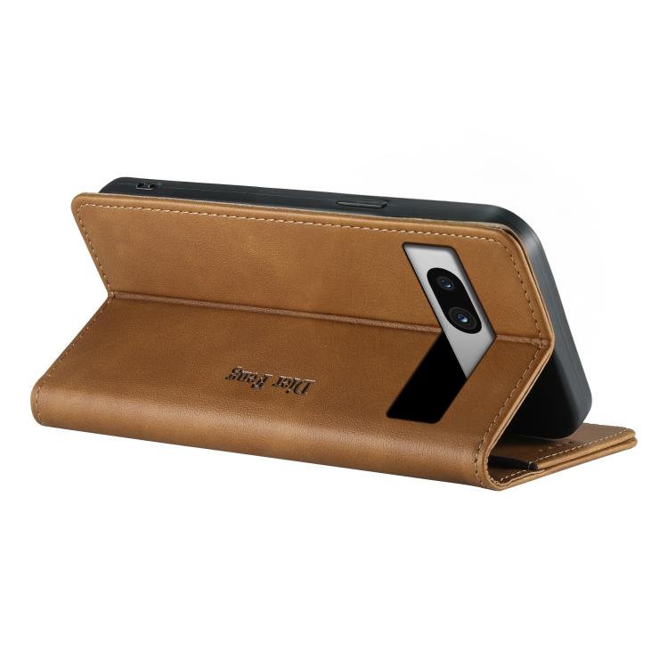 For Google Pixel 7a Dierfeng Metal Snap Magnetic RFID Vegan Leather Phone Case