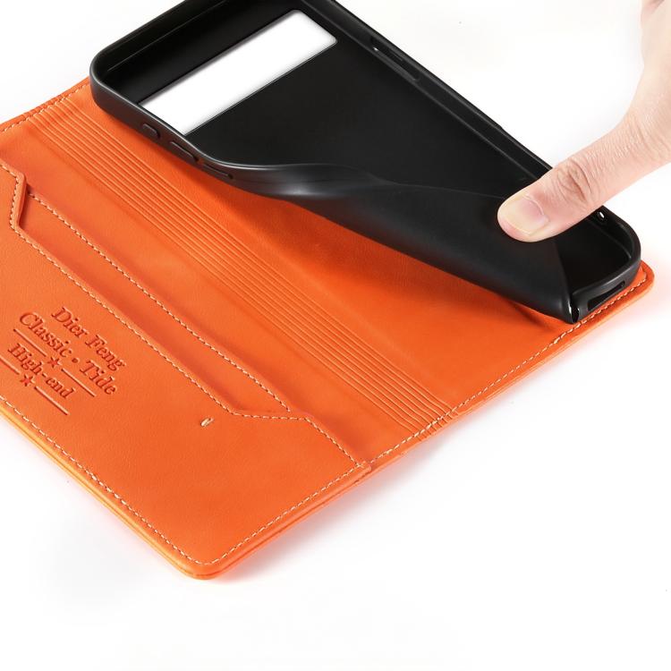 For Google Pixel 7 Dierfeng Metal Snap Magnetic RFID Vegan Leather Phone Case