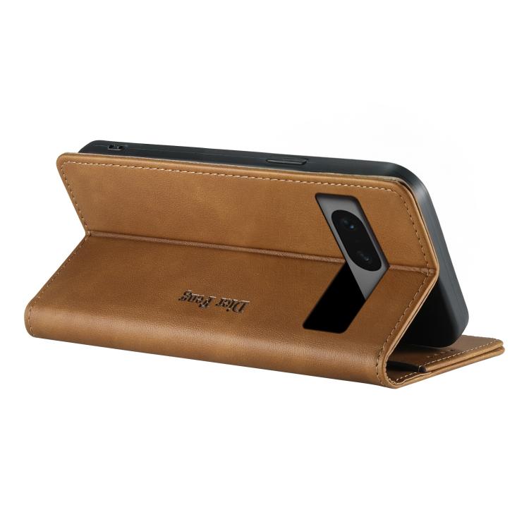 For Google Pixel 7 Dierfeng Metal Snap Magnetic RFID Vegan Leather Phone Case