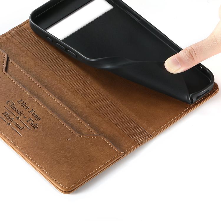 For Google Pixel 7 Dierfeng Metal Snap Magnetic RFID Vegan Leather Phone Case