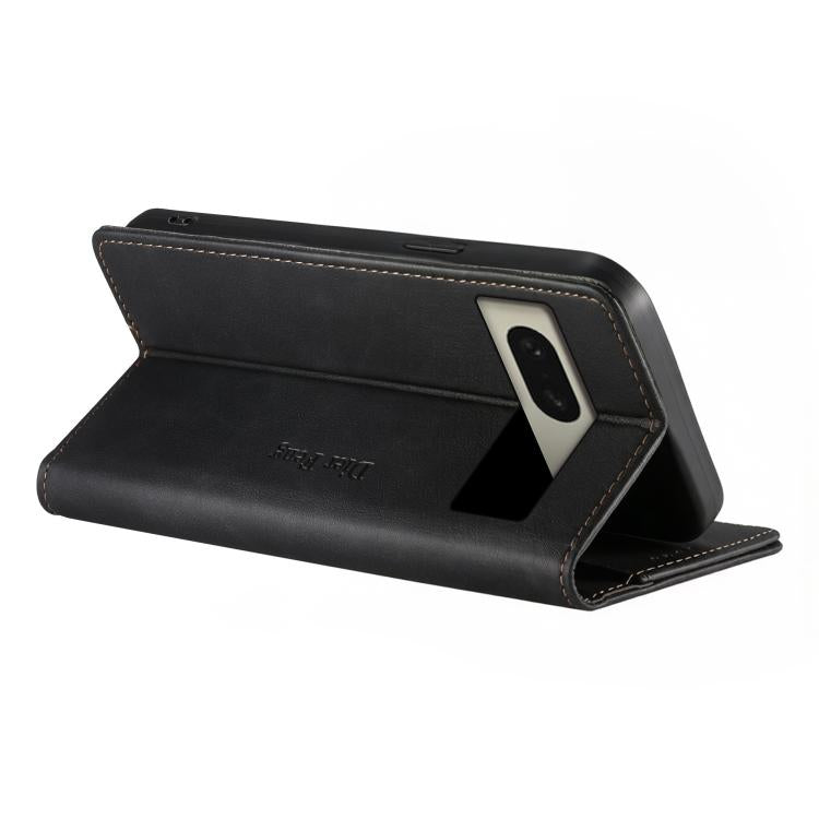 For Google Pixel 8 Dierfeng Metal Snap Magnetic RFID Vegan Leather Phone Case