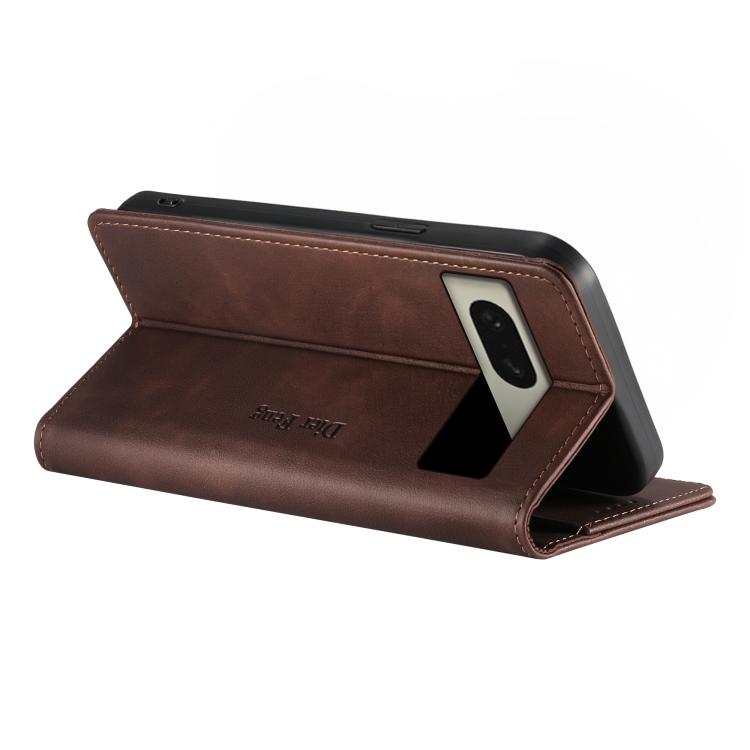 For Google Pixel 8 Dierfeng Metal Snap Magnetic RFID Vegan Leather Phone Case