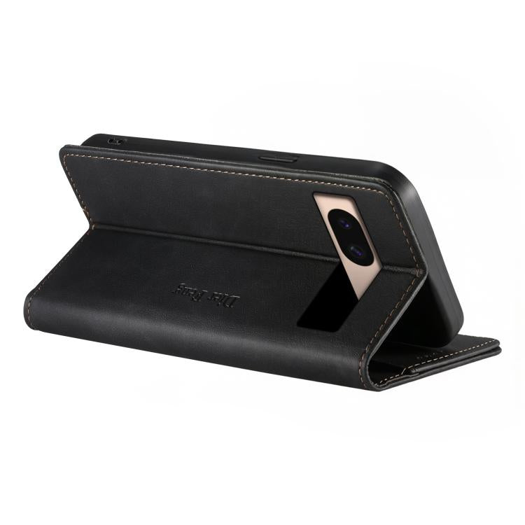For Google Pixel 8a Dierfeng Metal Snap Magnetic RFID Vegan Leather Phone Case