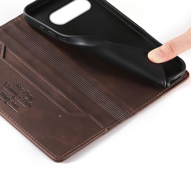 For Google Pixel 9a Dierfeng Metal Snap Magnetic RFID Vegan Leather Phone Case