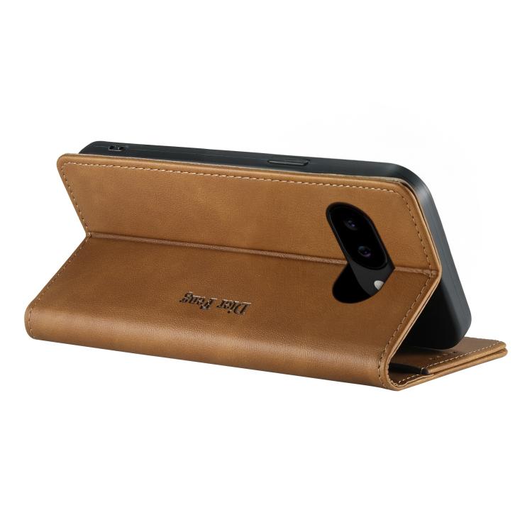 For Google Pixel 9a Dierfeng Metal Snap Magnetic RFID Vegan Leather Phone Case