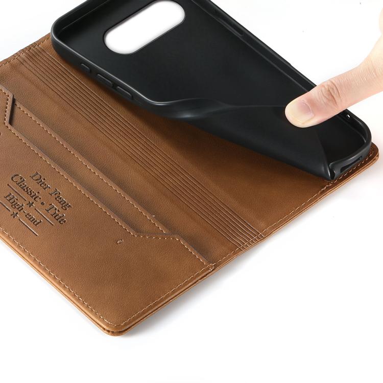 For Google Pixel 9a Dierfeng Metal Snap Magnetic RFID Vegan Leather Phone Case