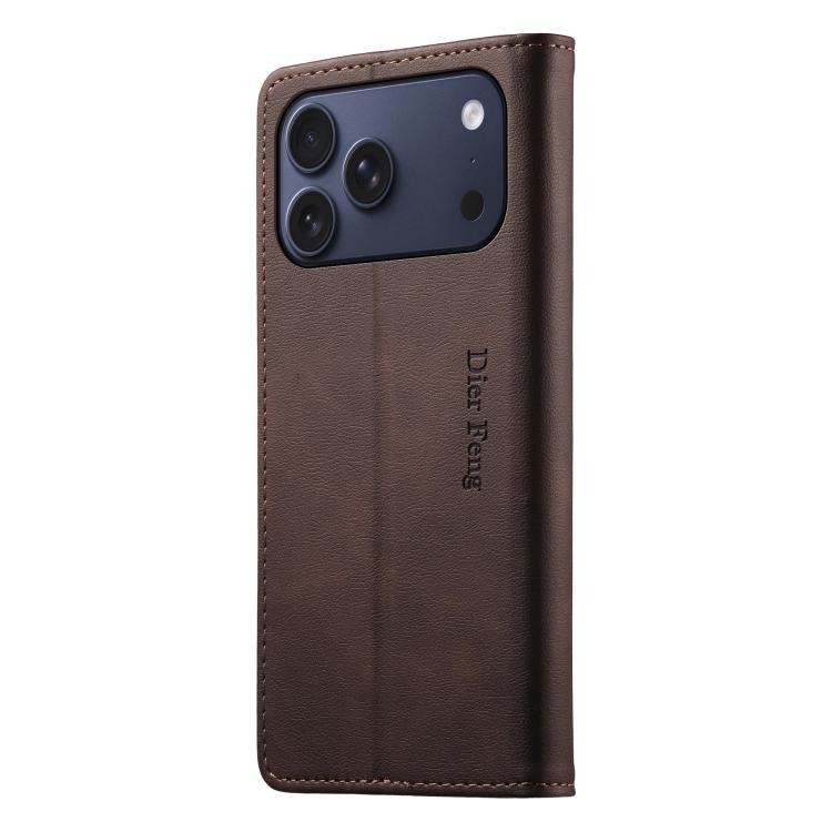 For iPhone 17 Pro Max Dierfeng Metal Snap Magnetic RFID Vegan Leather Phone Case