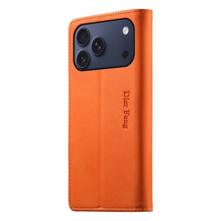 For iPhone 17 Pro Dierfeng Metal Snap Magnetic RFID Vegan Leather Phone Case