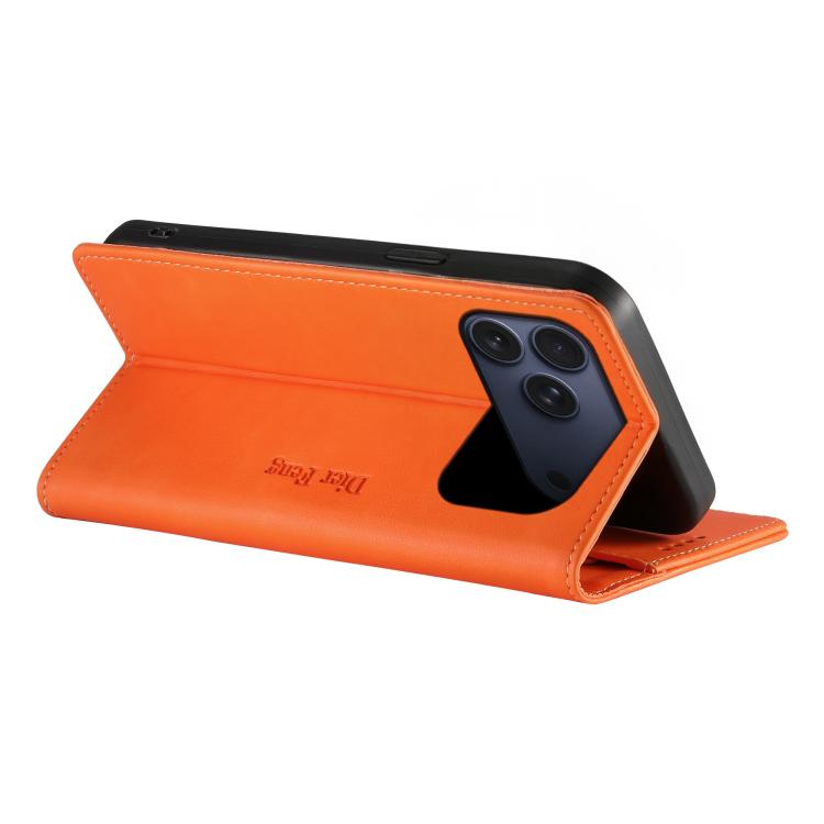 For iPhone 17 Pro Dierfeng Metal Snap Magnetic RFID Vegan Leather Phone Case