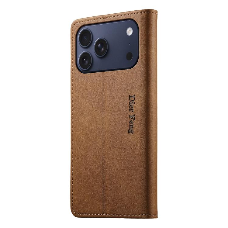 For iPhone 17 Pro Dierfeng Metal Snap Magnetic RFID Vegan Leather Phone Case