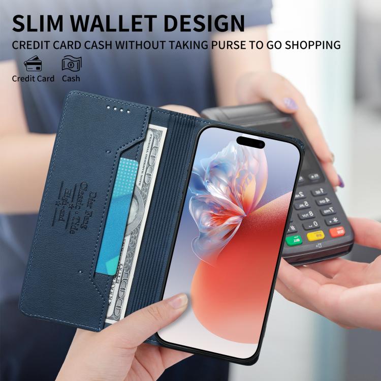 For iPhone 17 Pro Dierfeng Metal Snap Magnetic RFID Vegan Leather Phone Case