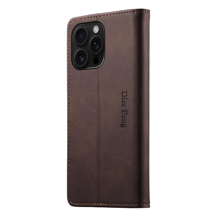 For iPhone 16 Pro Max Dierfeng Metal Snap Magnetic RFID Vegan Leather Phone Case