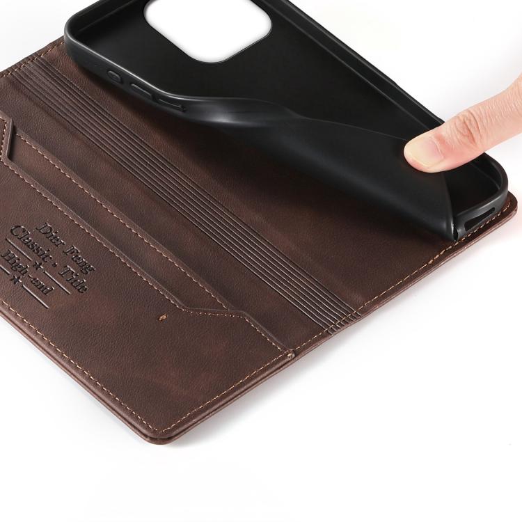 For iPhone 16 Pro Max Dierfeng Metal Snap Magnetic RFID Vegan Leather Phone Case