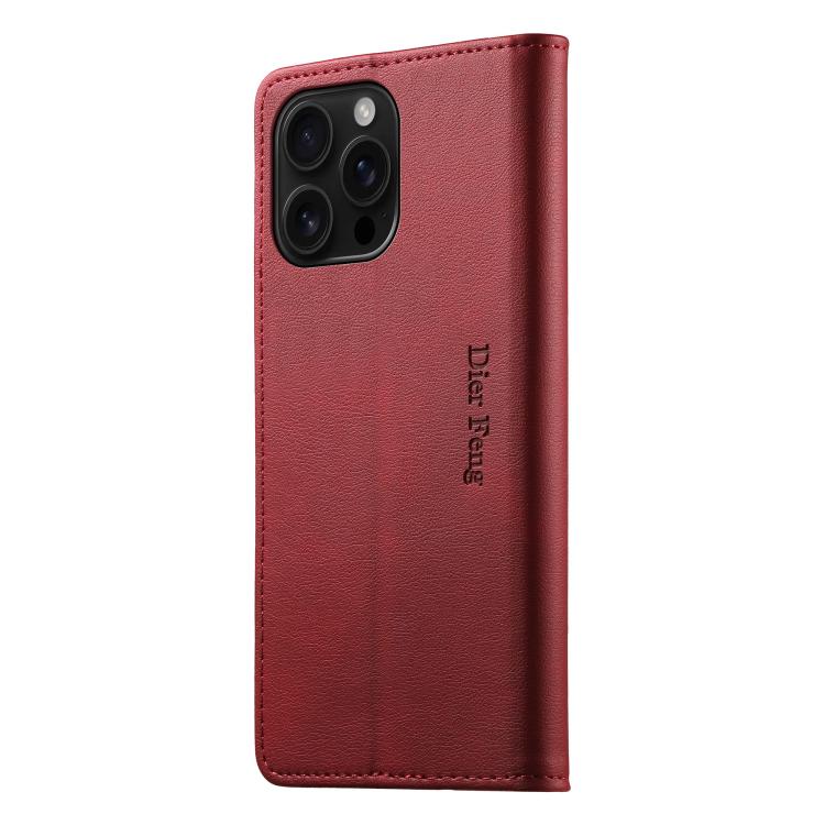 For iPhone 16 Pro Max Dierfeng Metal Snap Magnetic RFID Vegan Leather Phone Case