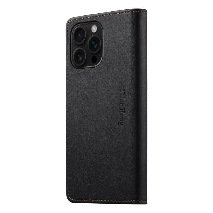 For iPhone 16 Pro Dierfeng Metal Snap Magnetic RFID Vegan Leather Phone Case