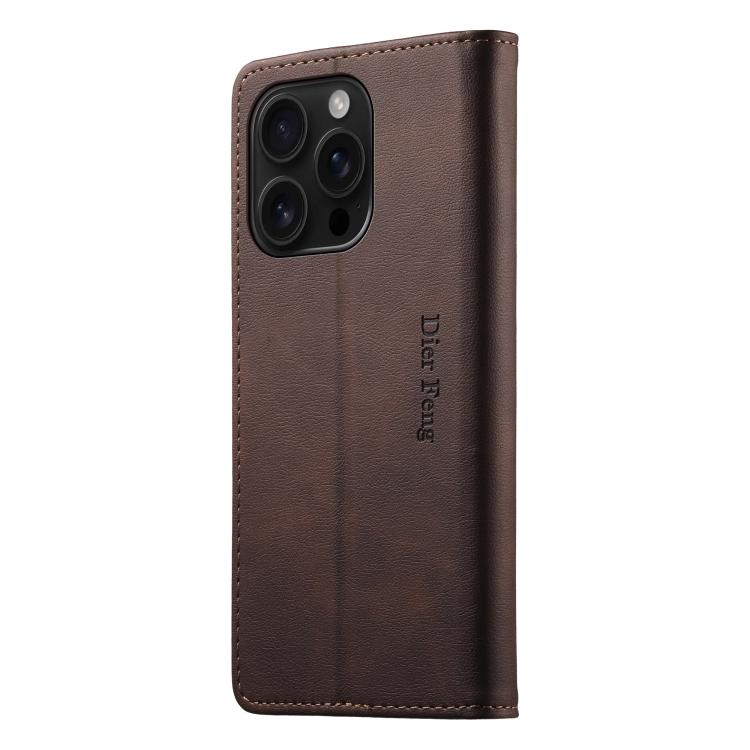For iPhone 16 Pro Dierfeng Metal Snap Magnetic RFID Vegan Leather Phone Case