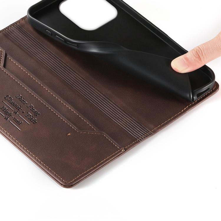 For iPhone 16 Pro Dierfeng Metal Snap Magnetic RFID Vegan Leather Phone Case