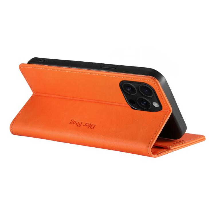For iPhone 16 Pro Dierfeng Metal Snap Magnetic RFID Vegan Leather Phone Case