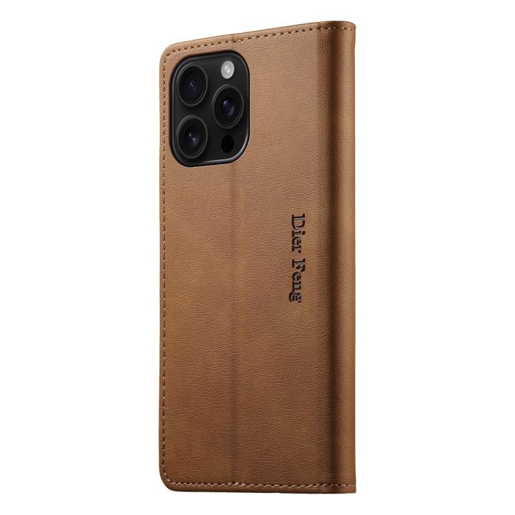 For iPhone 16 Pro Dierfeng Metal Snap Magnetic RFID Vegan Leather Phone Case