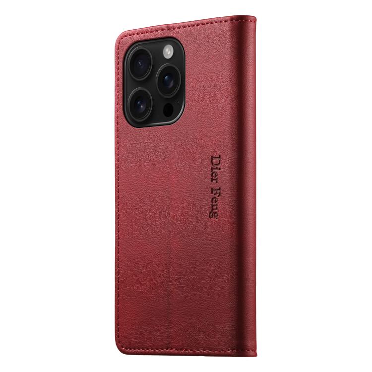 For iPhone 16 Pro Dierfeng Metal Snap Magnetic RFID Vegan Leather Phone Case