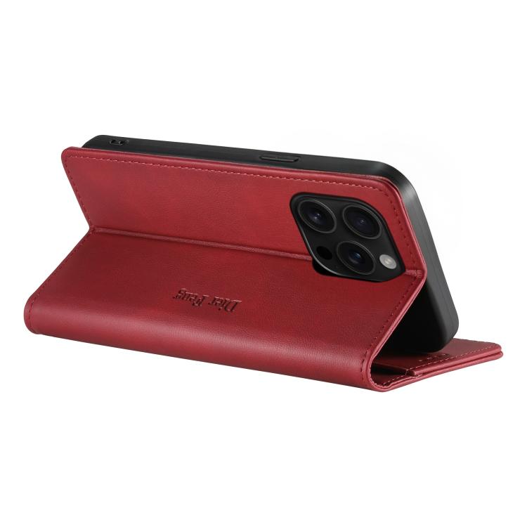 For iPhone 16 Pro Dierfeng Metal Snap Magnetic RFID Vegan Leather Phone Case