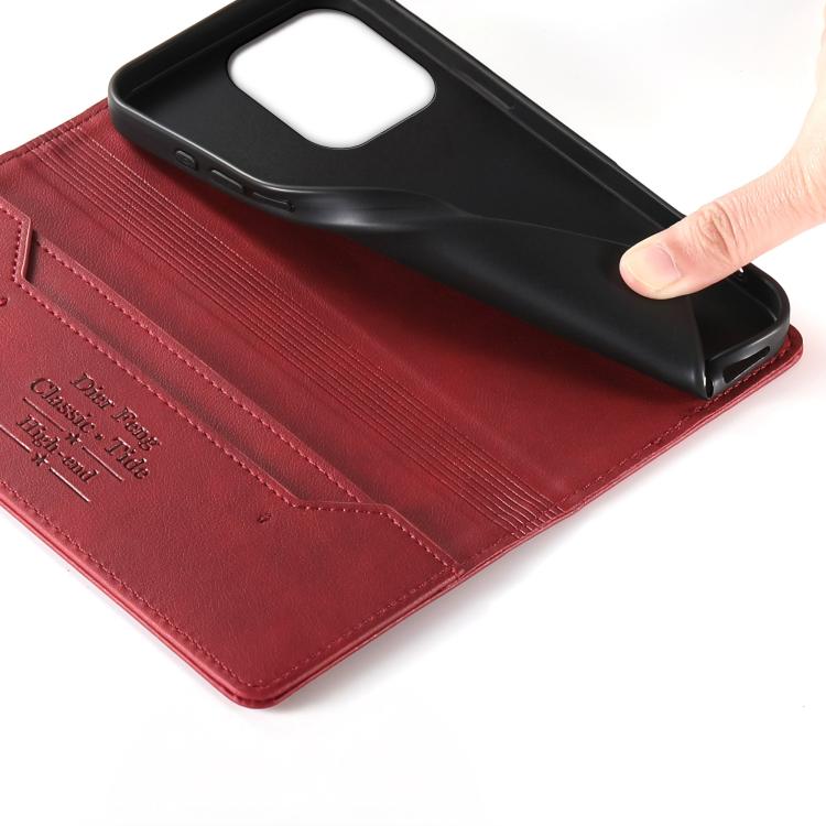 For iPhone 16 Pro Dierfeng Metal Snap Magnetic RFID Vegan Leather Phone Case