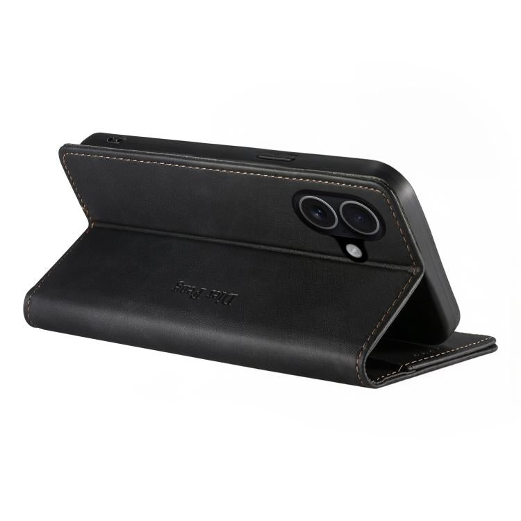 For iPhone 16 Plus Dierfeng Metal Snap Magnetic RFID Vegan Leather Phone Case