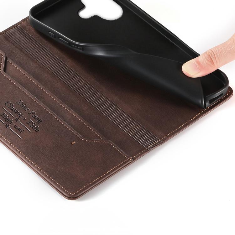 For iPhone 16 Plus Dierfeng Metal Snap Magnetic RFID Vegan Leather Phone Case
