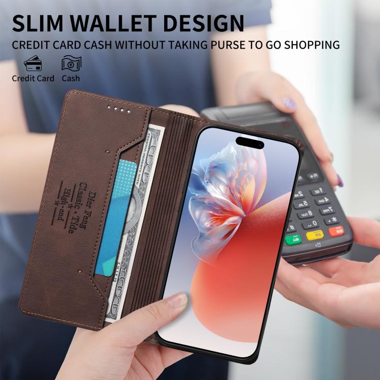 For iPhone 16 Plus Dierfeng Metal Snap Magnetic RFID Vegan Leather Phone Case