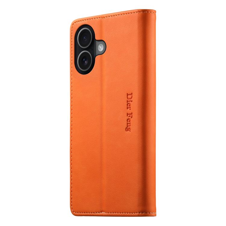 For iPhone 16 Plus Dierfeng Metal Snap Magnetic RFID Vegan Leather Phone Case