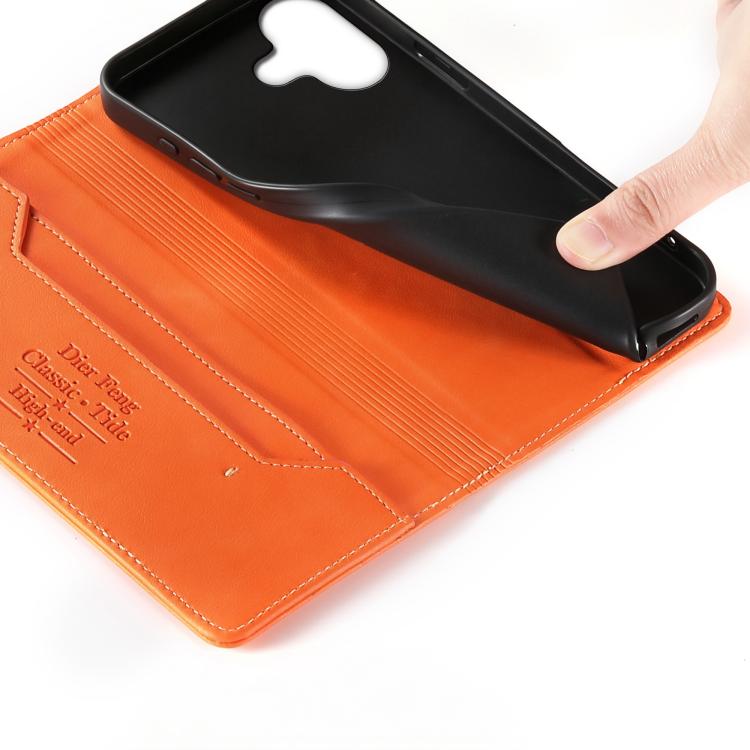 For iPhone 16 Plus Dierfeng Metal Snap Magnetic RFID Vegan Leather Phone Case