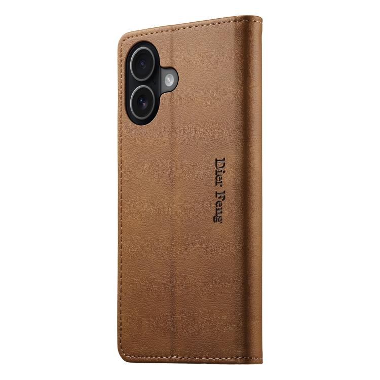 For iPhone 16 Plus Dierfeng Metal Snap Magnetic RFID Vegan Leather Phone Case