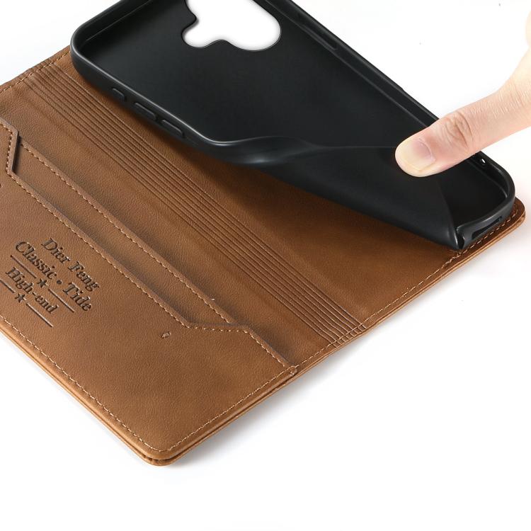 For iPhone 16 Plus Dierfeng Metal Snap Magnetic RFID Vegan Leather Phone Case