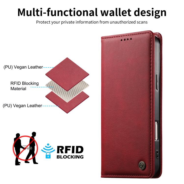 For iPhone 16 Plus Dierfeng Metal Snap Magnetic RFID Vegan Leather Phone Case