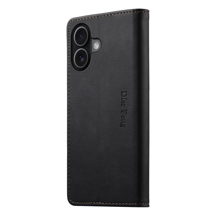 For iPhone 16 Dierfeng Metal Snap Magnetic RFID Vegan Leather Phone Case