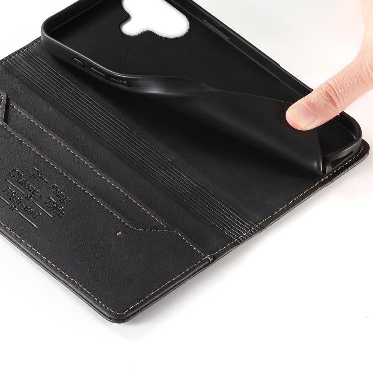 For iPhone 16 Dierfeng Metal Snap Magnetic RFID Vegan Leather Phone Case