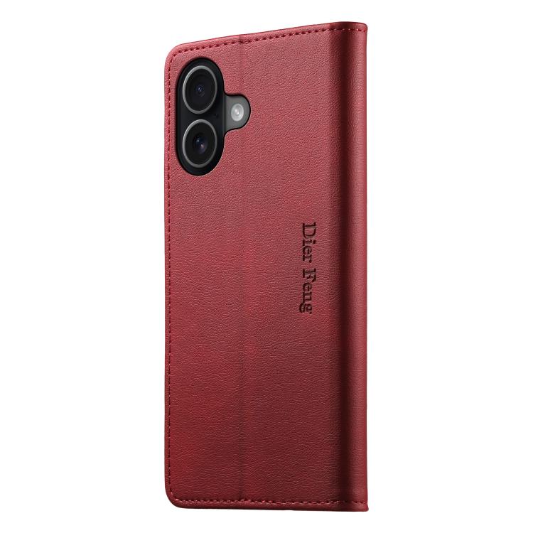 For iPhone 16 Dierfeng Metal Snap Magnetic RFID Vegan Leather Phone Case