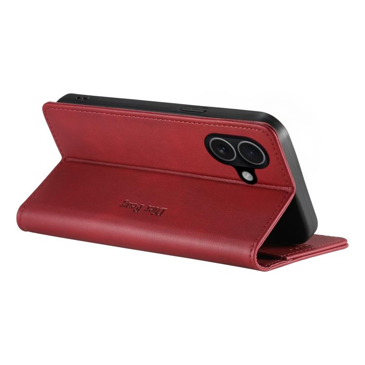 For iPhone 16 Dierfeng Metal Snap Magnetic RFID Vegan Leather Phone Case