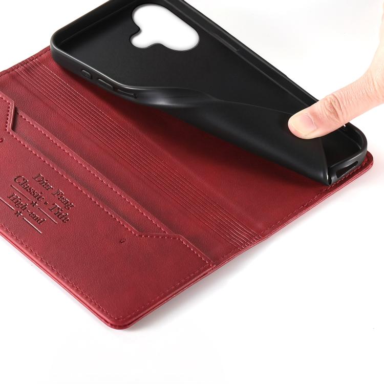 For iPhone 16 Dierfeng Metal Snap Magnetic RFID Vegan Leather Phone Case