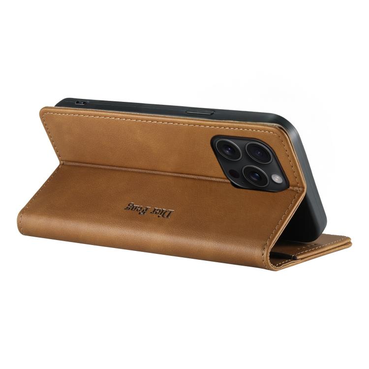 For iPhone 15 Pro Max Dierfeng Metal Snap Magnetic RFID Vegan Leather Phone Case