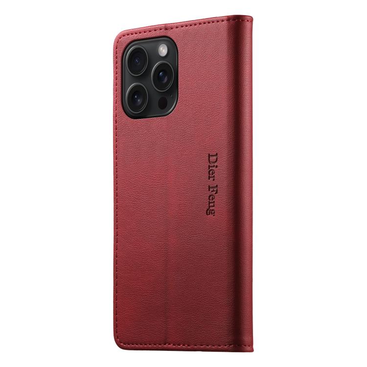 For iPhone 15 Pro Max Dierfeng Metal Snap Magnetic RFID Vegan Leather Phone Case