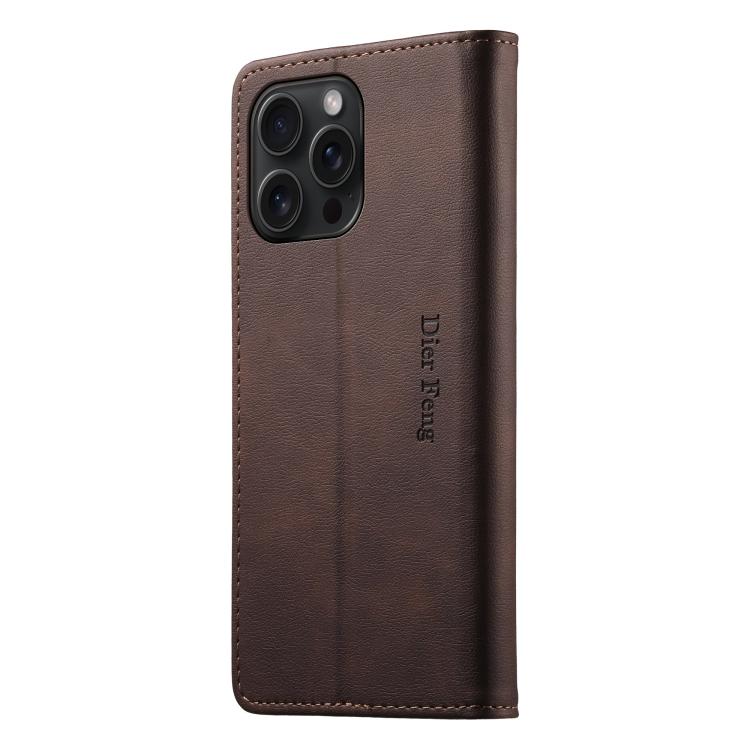 For iPhone 15 Pro Dierfeng Metal Snap Magnetic RFID Vegan Leather Phone Case