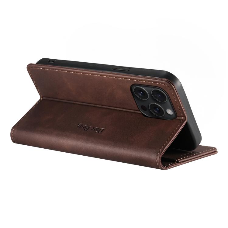 For iPhone 15 Pro Dierfeng Metal Snap Magnetic RFID Vegan Leather Phone Case