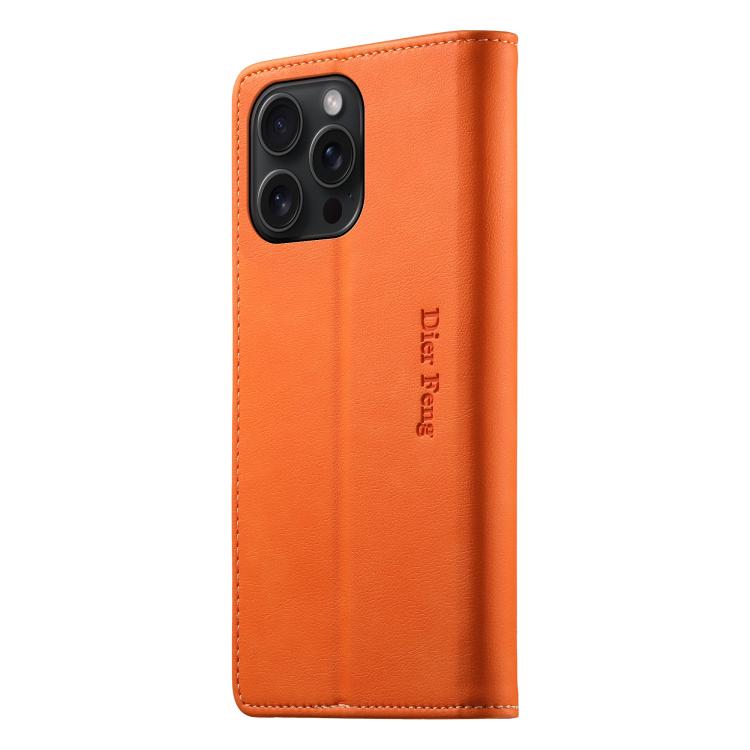 For iPhone 15 Pro Dierfeng Metal Snap Magnetic RFID Vegan Leather Phone Case